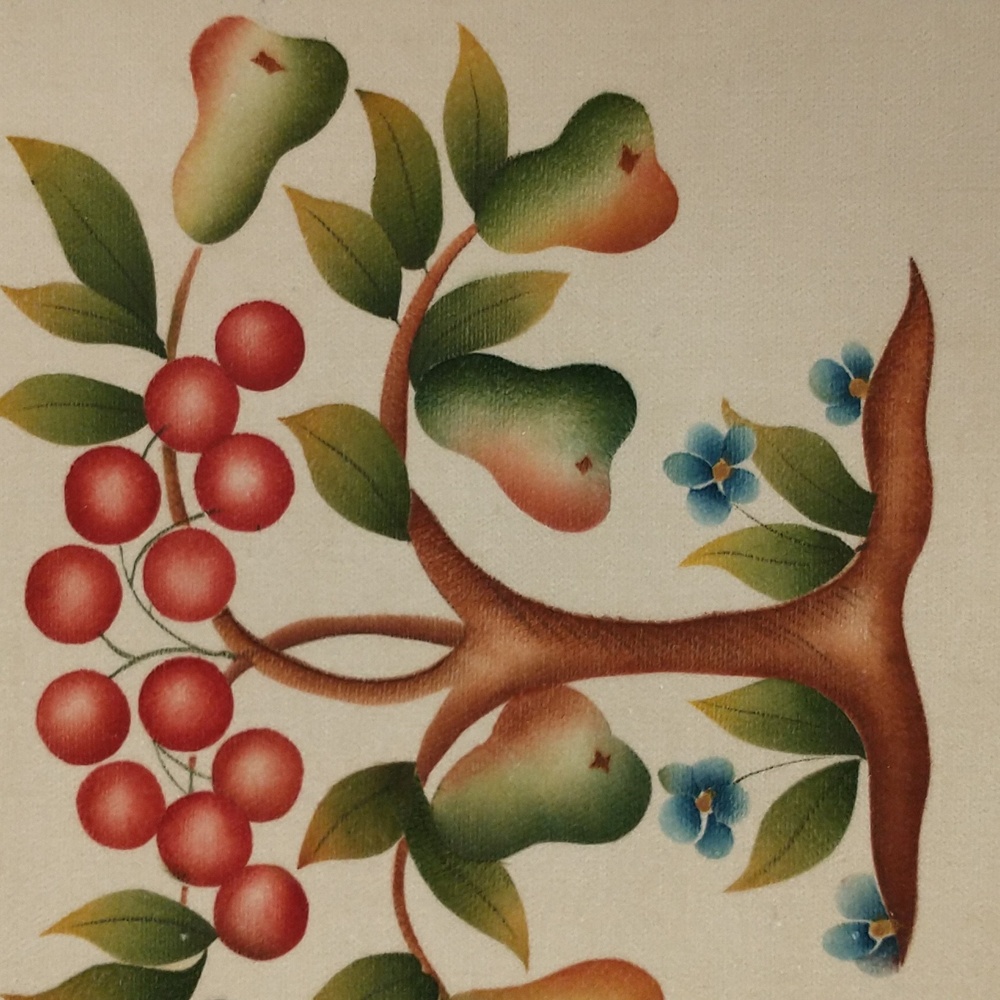 Charming 1978 Theorem Hand Painted on Velvet Pear & Cherry Tree w Flowers Unfram - Picture 6 of 7